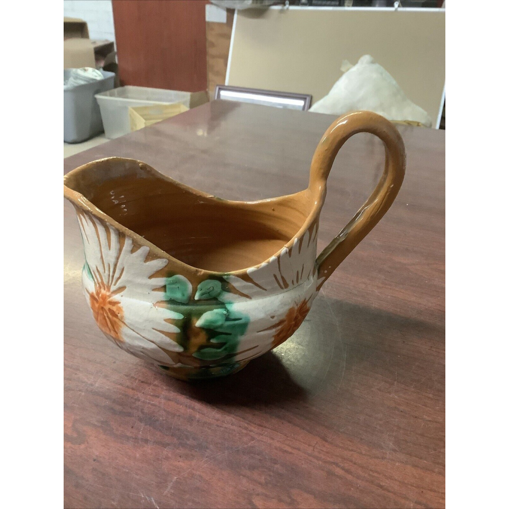 VTG Mexico Signed Pottery Creamer Milk Pitcher Flowers Hand Painted 5.5”x6.5”